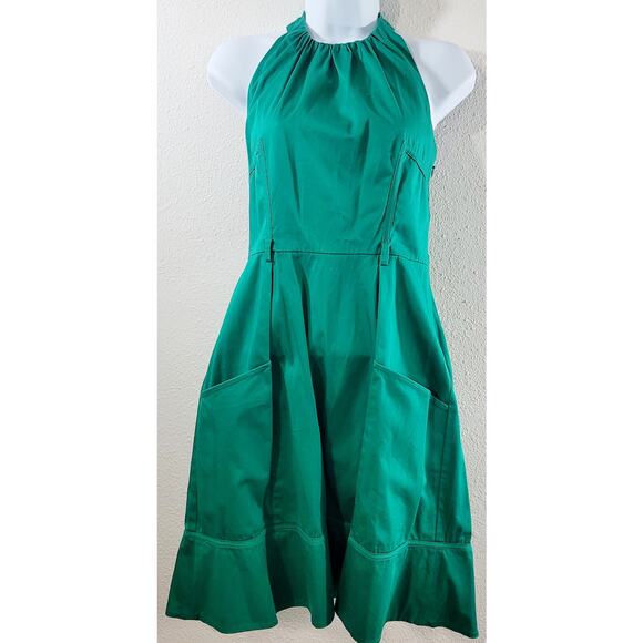 Calvin Klein Green Halter A Line Midi Dress 2 Lightweight Pockets Ruffled Hem - Picture 1 of 6